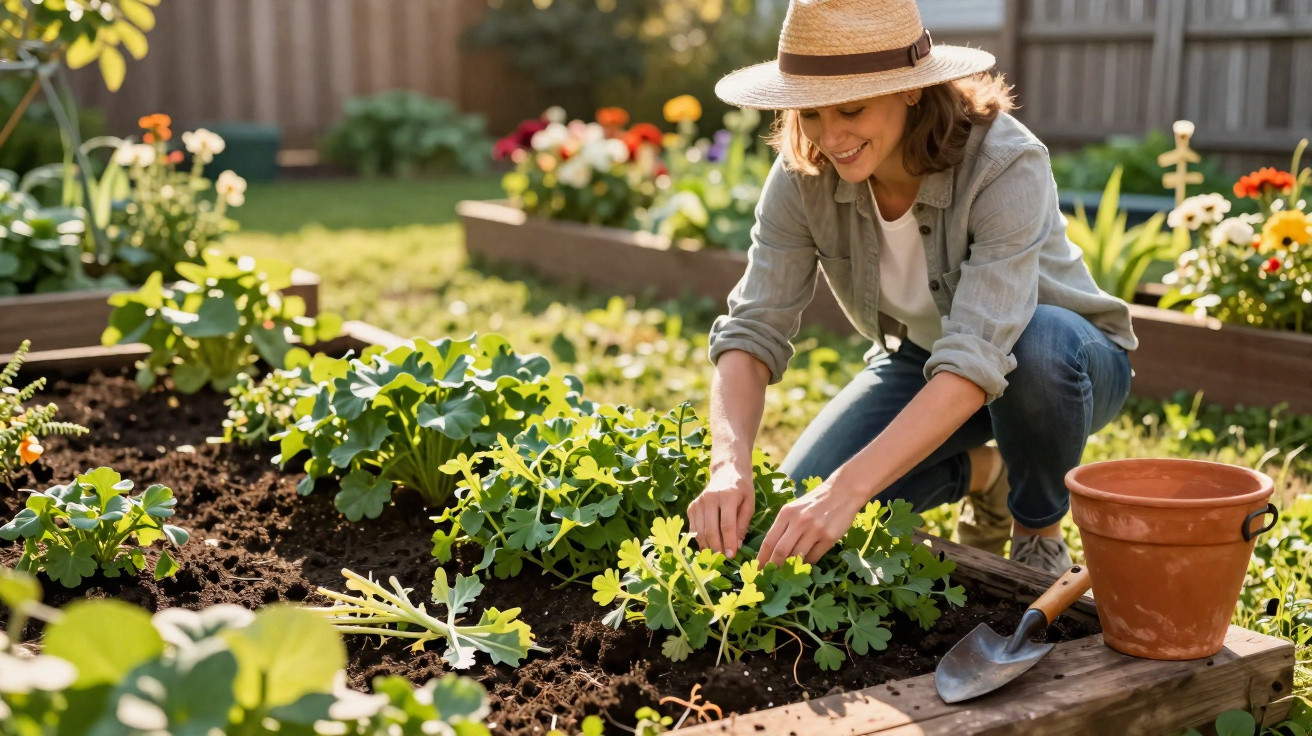 Mulher sorrindo cuidando de plantas em canteiros elevados de jardim ensolarado com chapéu de palha.