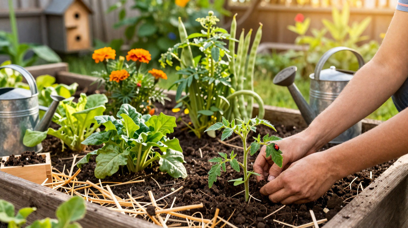 Mãos plantando muda em canteiro com plantas verdes e flores alaranjadas iluminadas pelo sol.