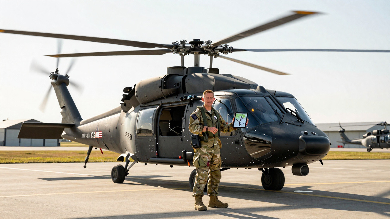 Militar em uniforme camuflado com tablet em pé diante de helicóptero preto estacionado em pista.