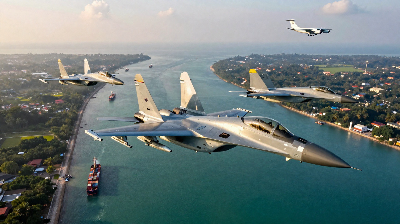 Formação aérea com caças e avião de transporte sobre rio e área urbana ao amanhecer.
