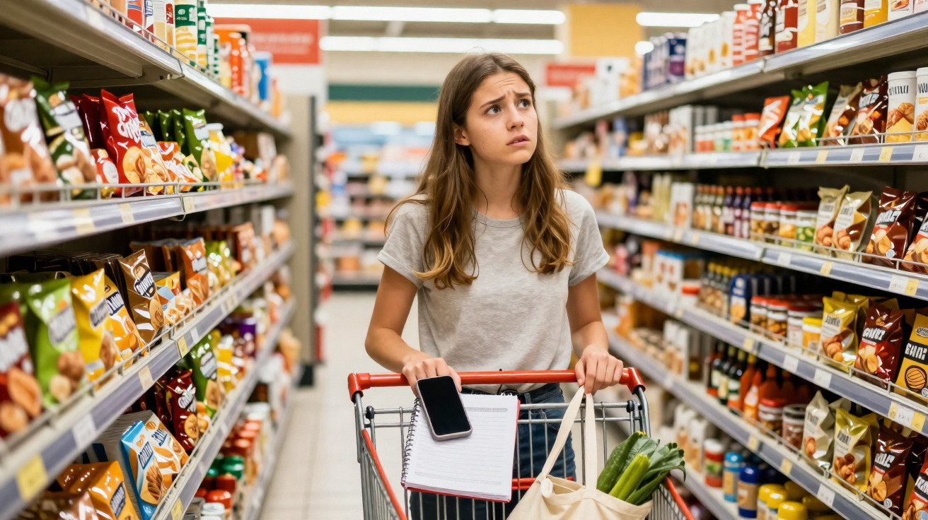 Mulher jovem com expressão pensativa empurra carrinho de supermercado entre prateleiras cheias de produtos.