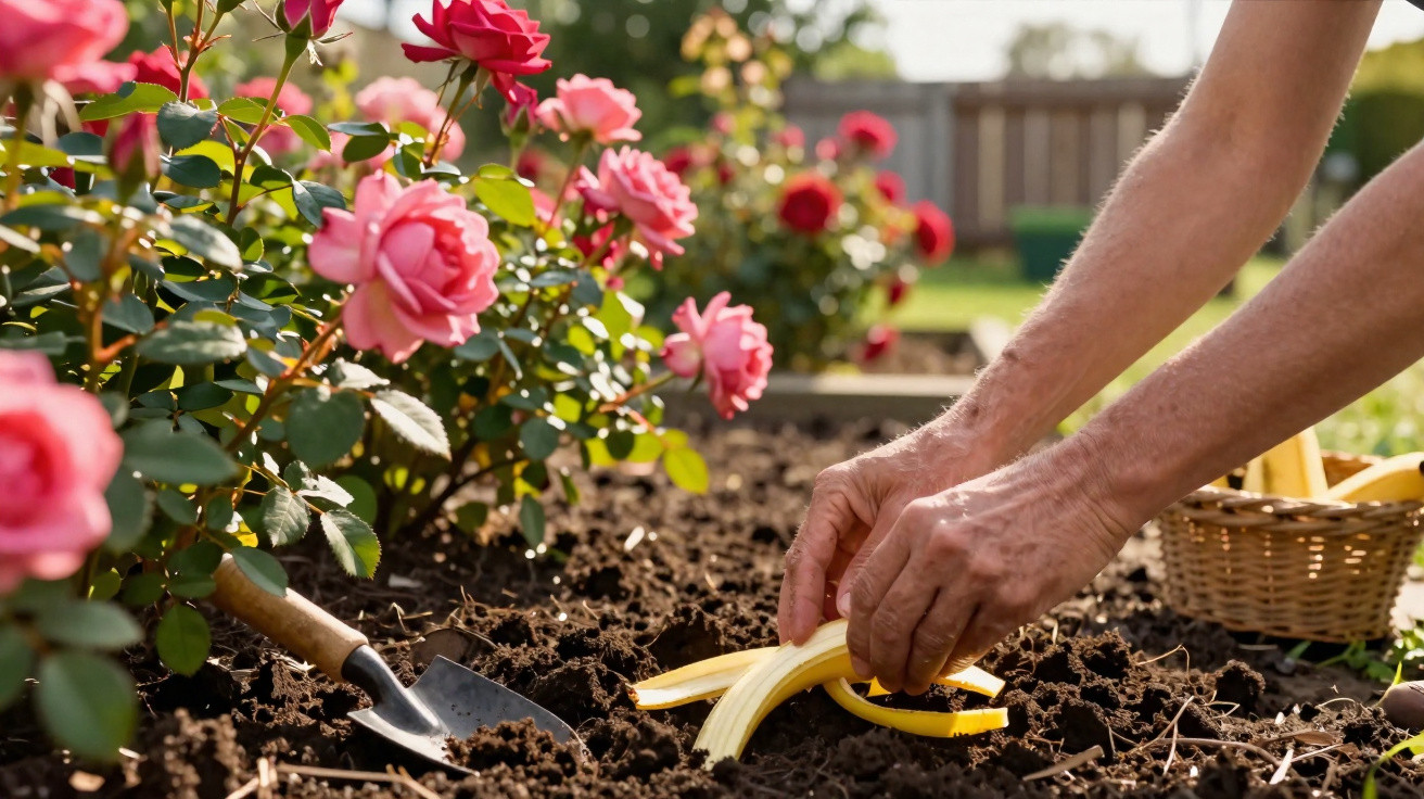 Mãos plantando mudas de rosa em solo preparado, cercado por flores rosas em um jardim ensolarado.