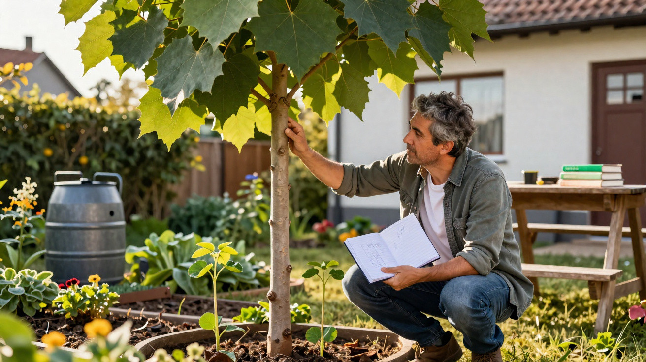 Homem observando planta enquanto anota dados em caderno em jardim residencial.