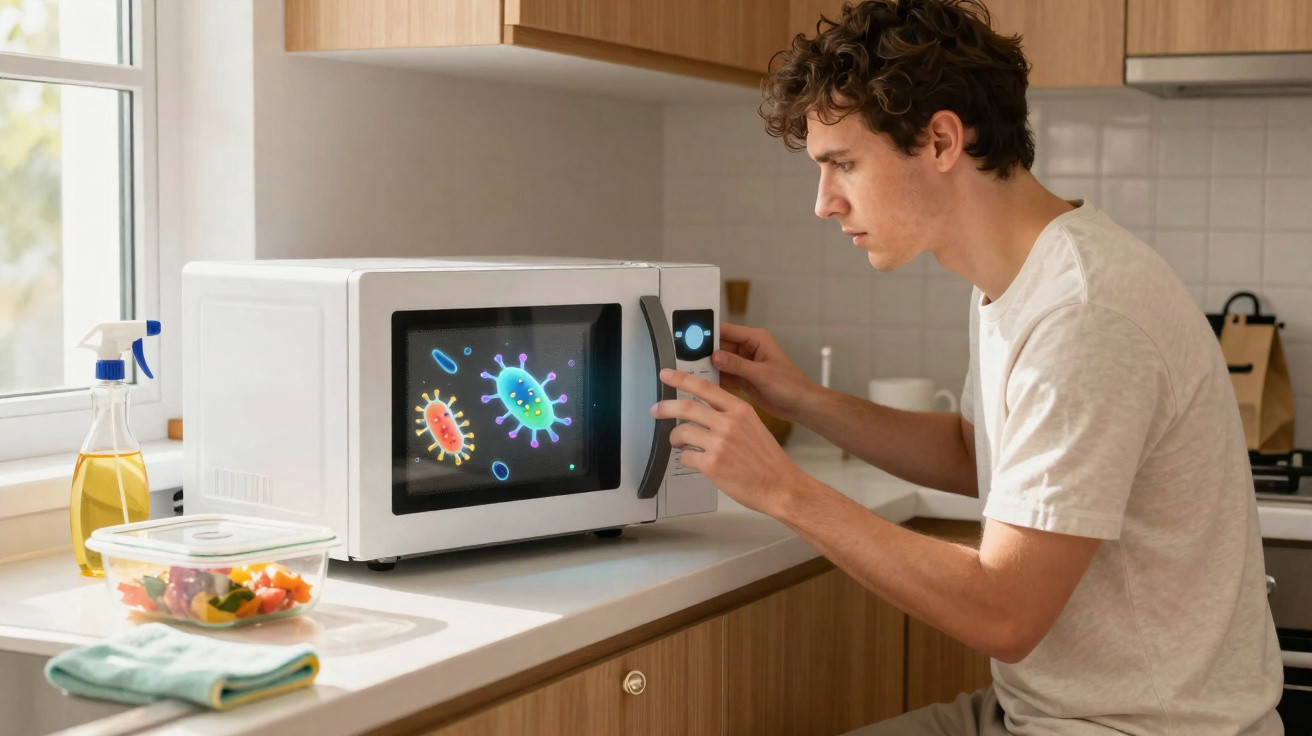 Jovem ajusta o forno micro-ondas na cozinha com imagens de vírus exibidas na porta do aparelho.