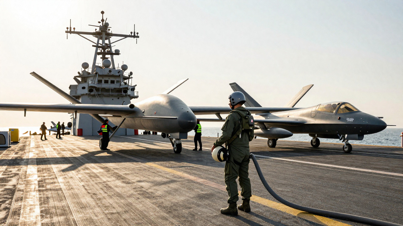 Pessoas e piloto próximos a drone e jato militar estacionados no convés de um navio de guerra.