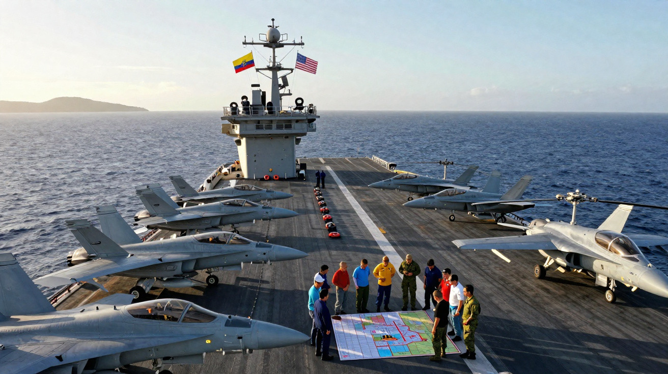 Grupo de pessoas em porta-aviões com aviões de combate estacionados na lateral durante planejamento no convés.