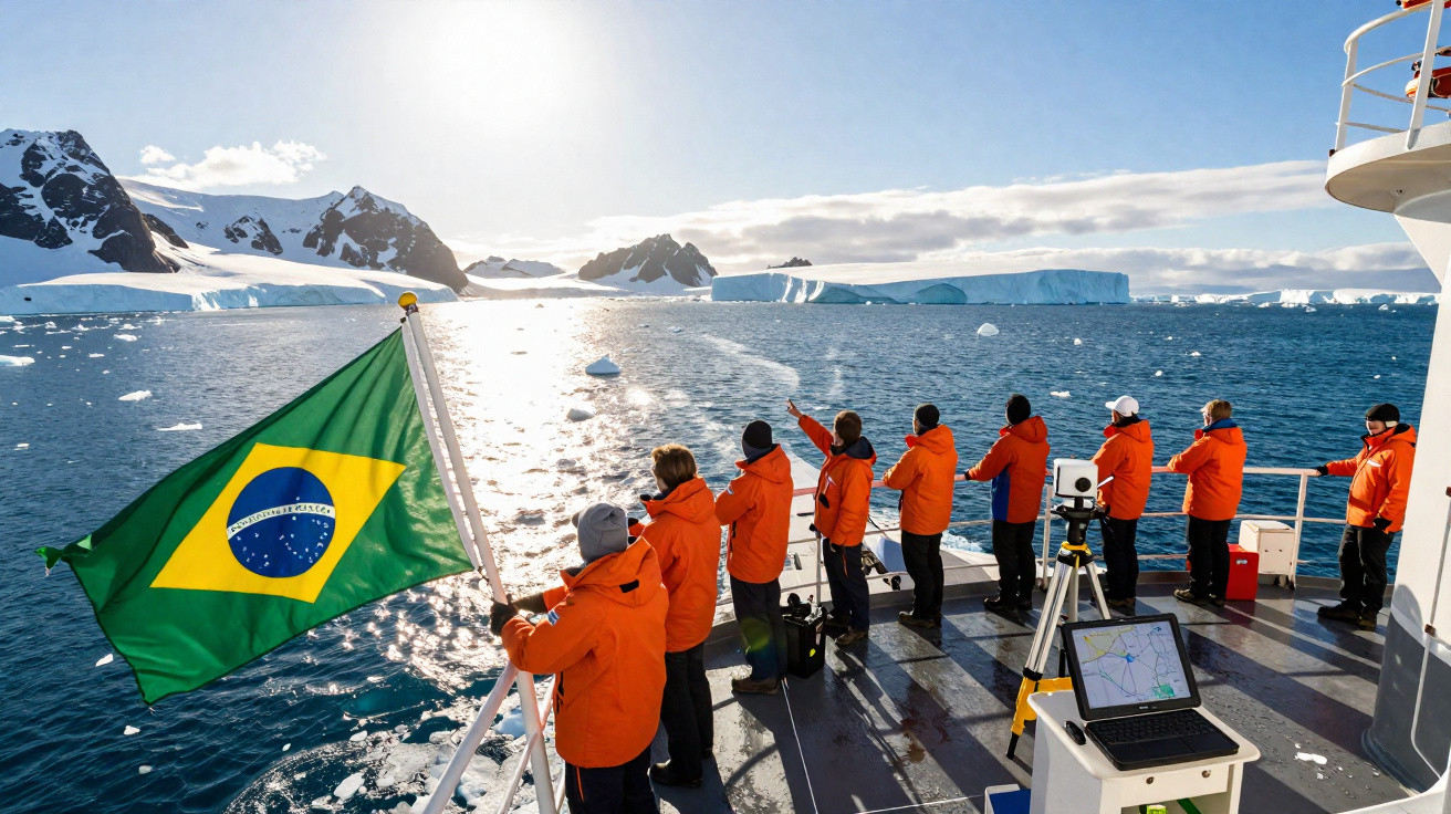 Grupo de pessoas com jaquetas laranja em navio observando geleiras e segurando bandeira do Brasil na Antártida.
