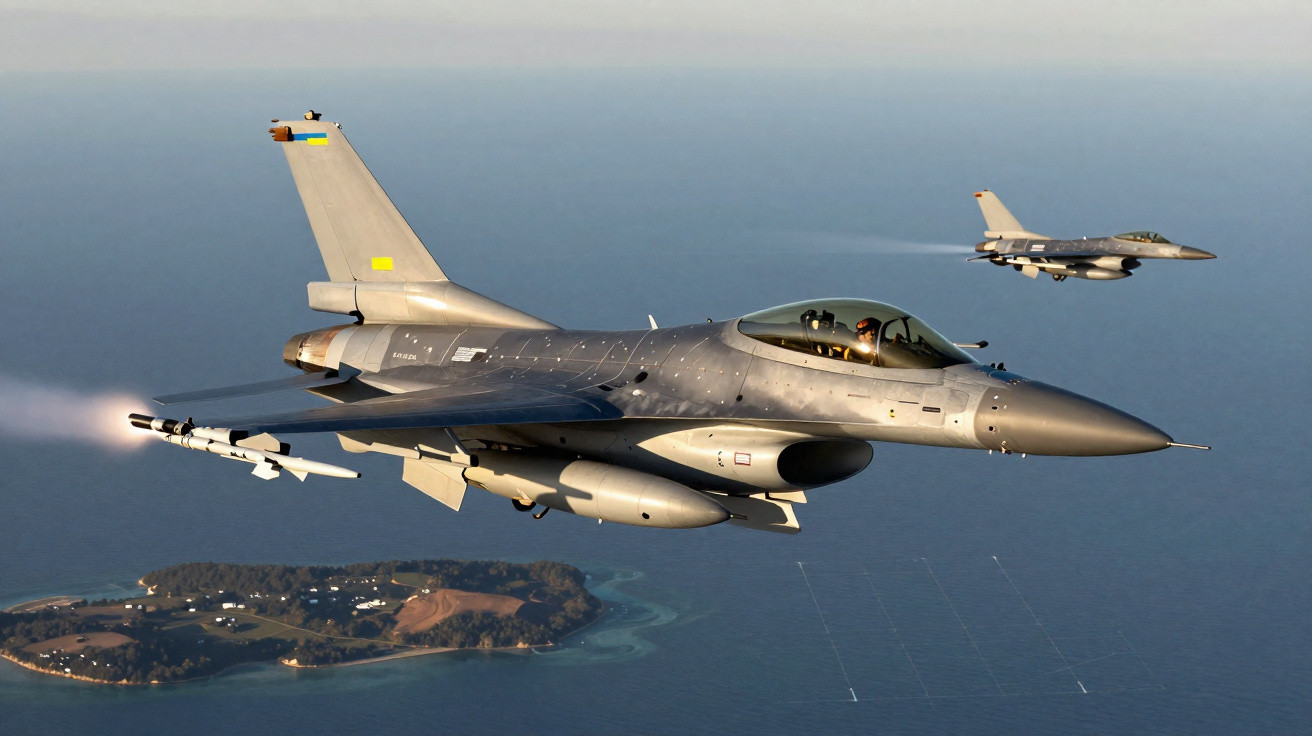 Dois caças F-16 voam sobre o mar com uma ilha ao fundo em dia claro.