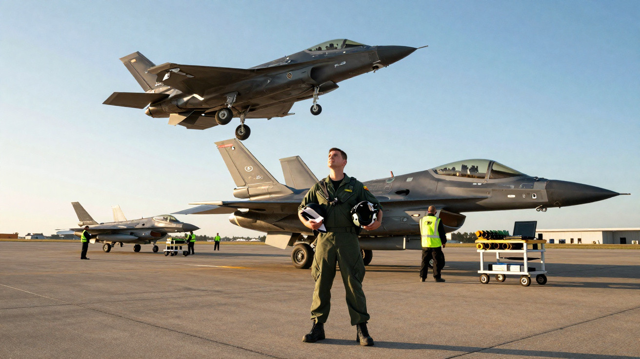Piloto de caça em uniforme verde com dois capacetes na mão em pista com jatos militares ao fundo e um avião decolando.