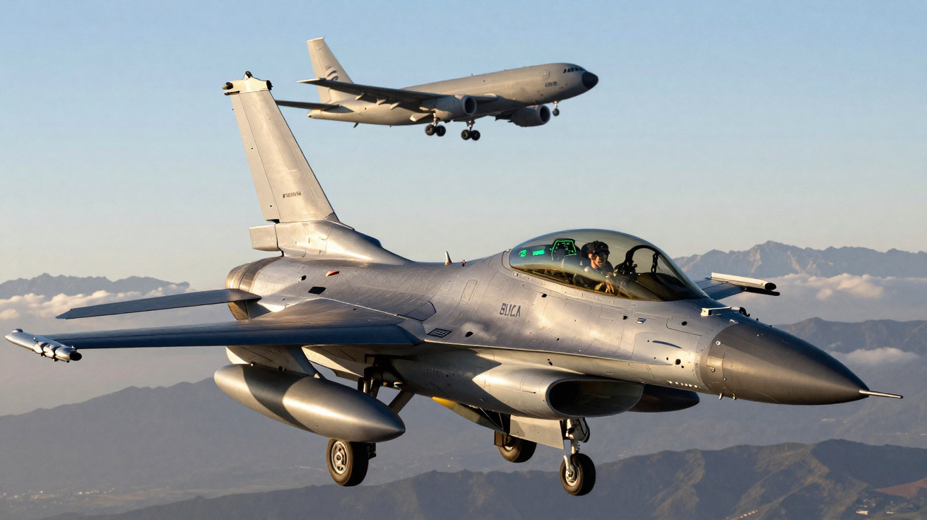 Caça F-16 voando em formação com avião militar KC-135 sobre montanhas sob céu claro.