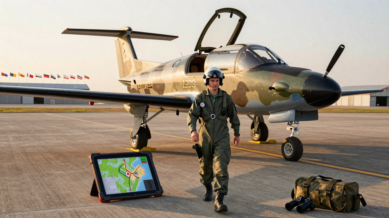 Piloto militar camuflado caminhando em pista próxima a aeronave e equipamentos de navegação no chão.
