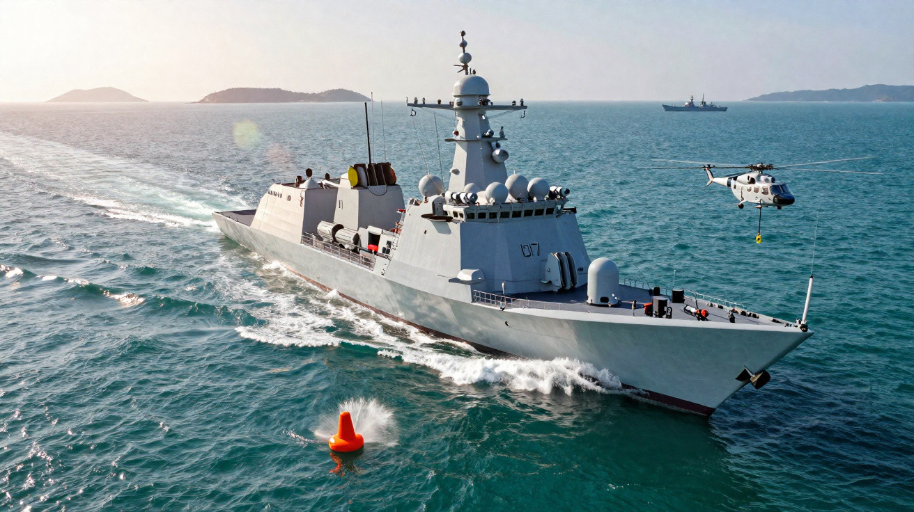 Navio militar moderno navegando no mar com helicóptero suspenso ao lado e bóia laranja na água.