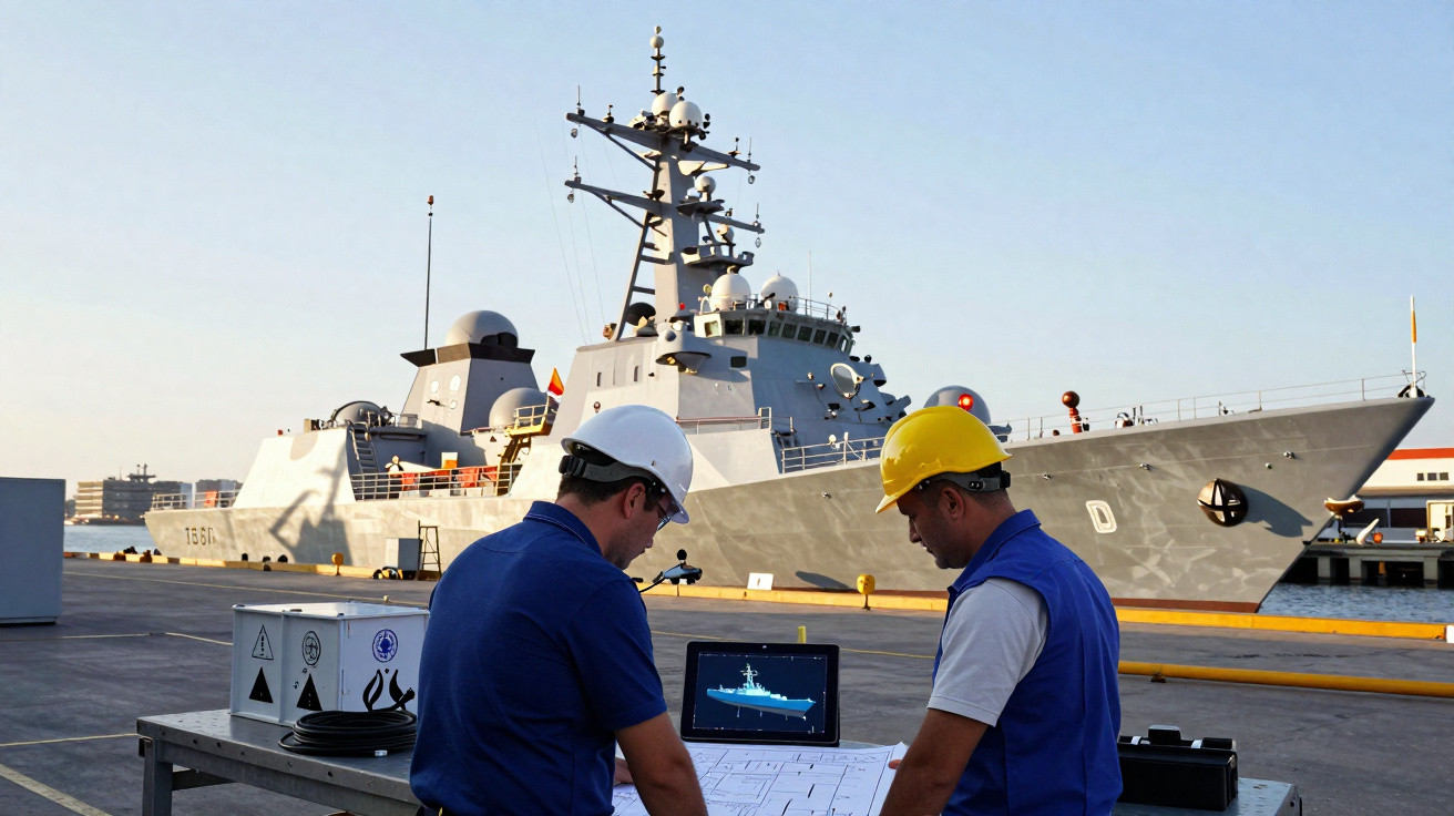 Dois engenheiros com capacetes analisam plantas na doca com um navio de guerra cinza ao fundo.