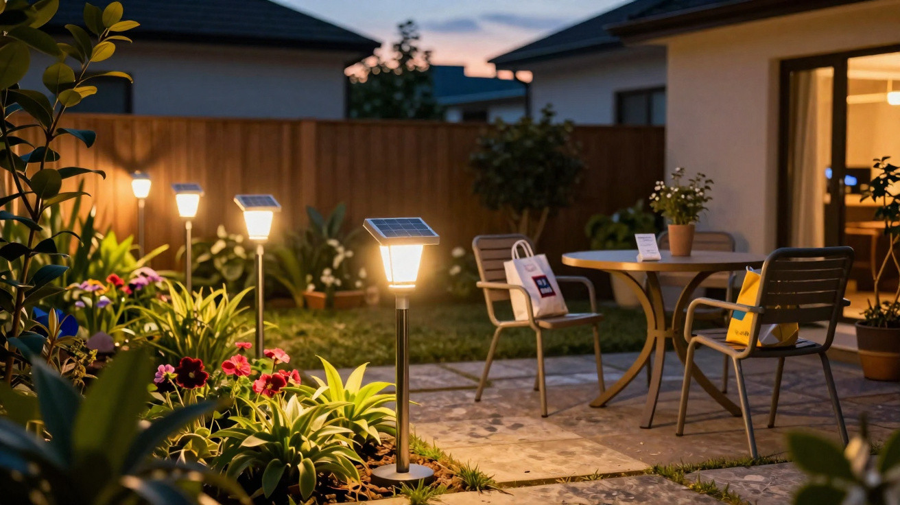 Jardim com plantas e luminárias solares iluminando o caminho para área externa com mesa e cadeiras à noite.