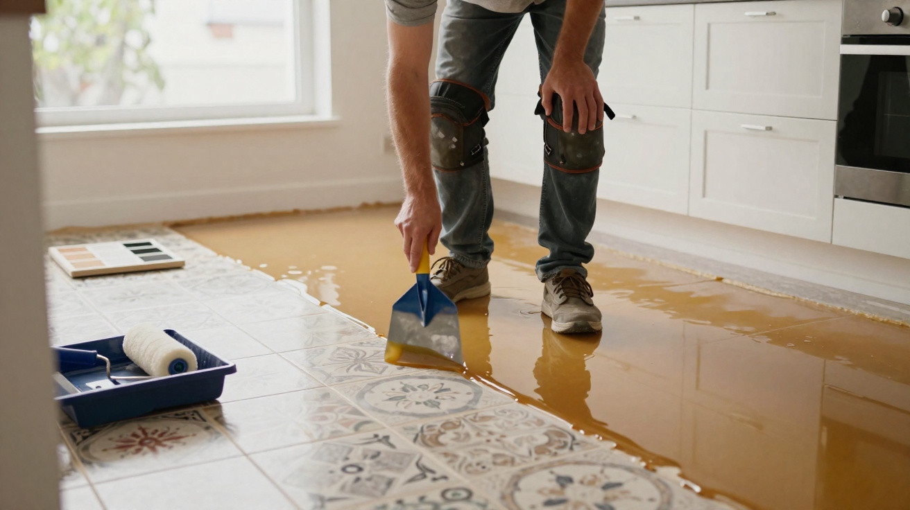 HOMEM REMOVENDO ÁGUA DE CHÃO DE AZULEJO COM ESPÁTULA EM AMBIENTE INTERIOR, PROTEGENDO JOELHOS.