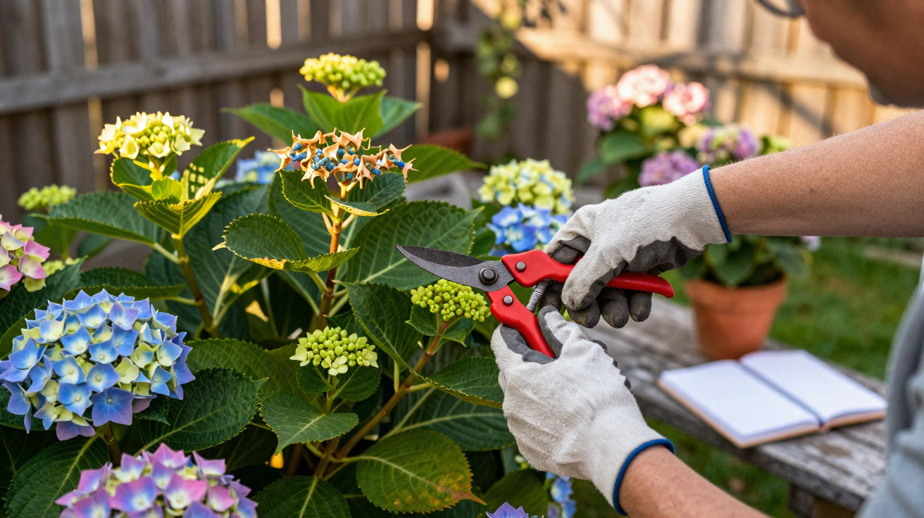 Pessoa usando luvas brancas com tesoura de poda vermelha para cortar flores de hortênsia coloridas em um jardim.