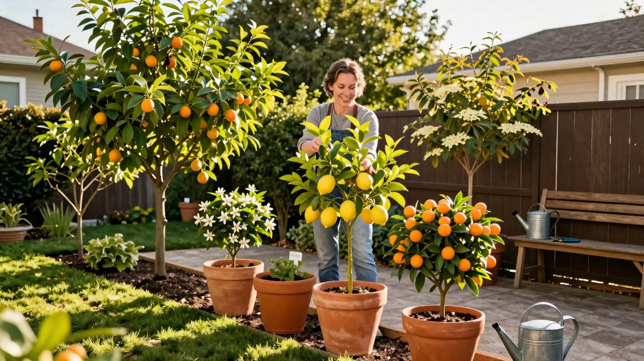 Mulher cuidando de árvores frutíferas em vasos em jardim ensolarado com regador e banco ao fundo.