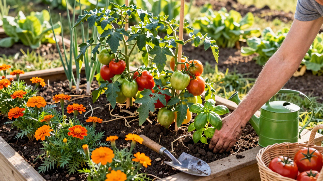 Pessoa cuidando de horta com tomates maduros, flores alaranjadas e regador verde em canteiro de madeira.