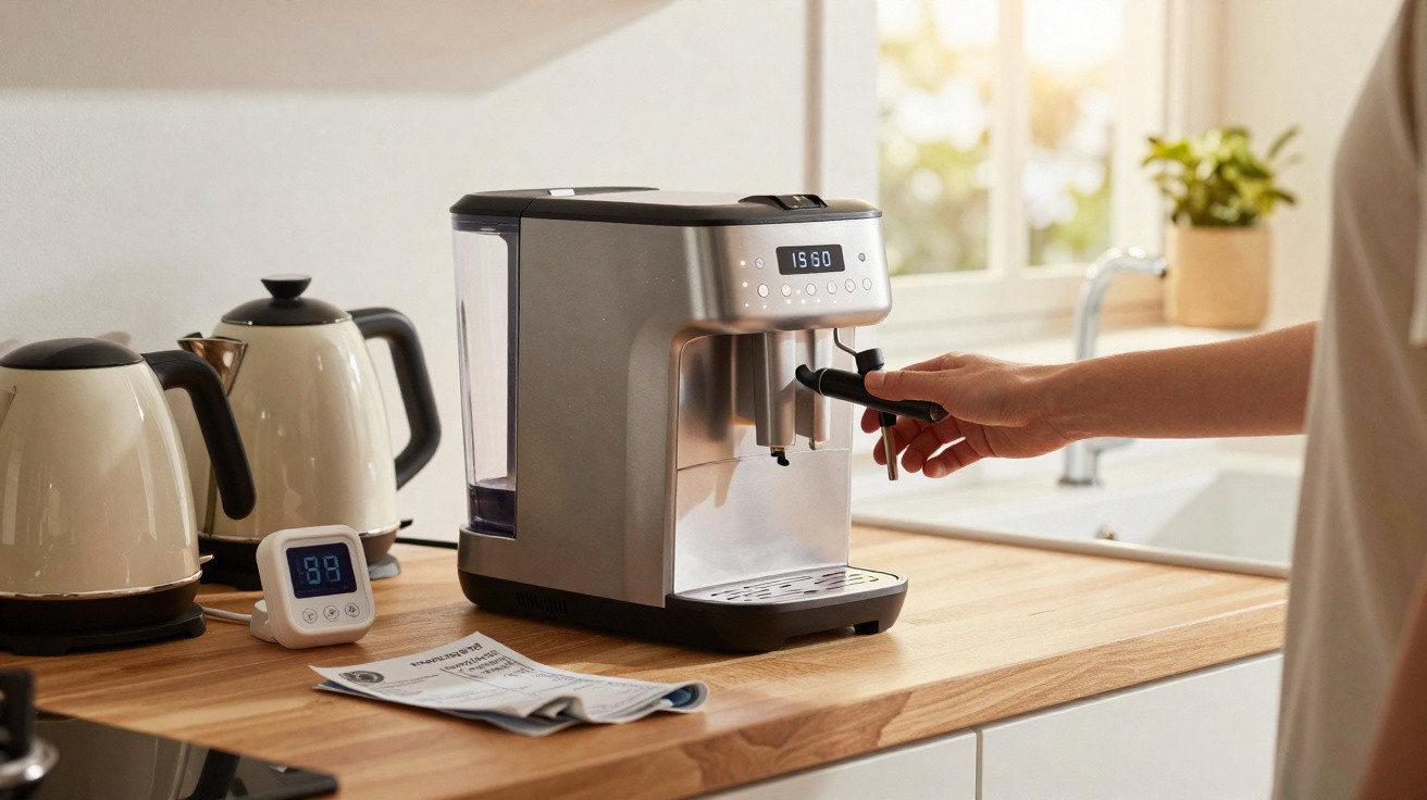 Cafeteira elétrica moderna sobre bancada de cozinha com mão ajustando o porta-filtro, iluminação natural.