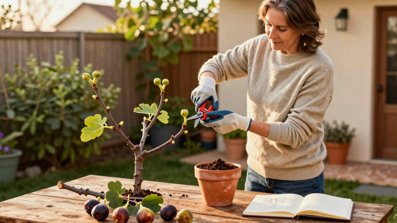 Mulher podando planta de figueira em vaso, com tesoura de jardinagem, em mesa de madeira no jardim.