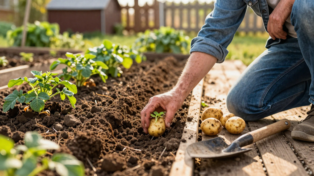 Pessoa plantando batata no solo de uma horta com ferramentas de jardinagem ao lado.