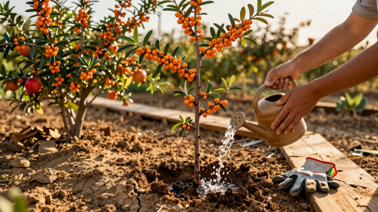 Pessoa regando muda de planta com frutos laranja em área de plantio com luvas próximas no chão.