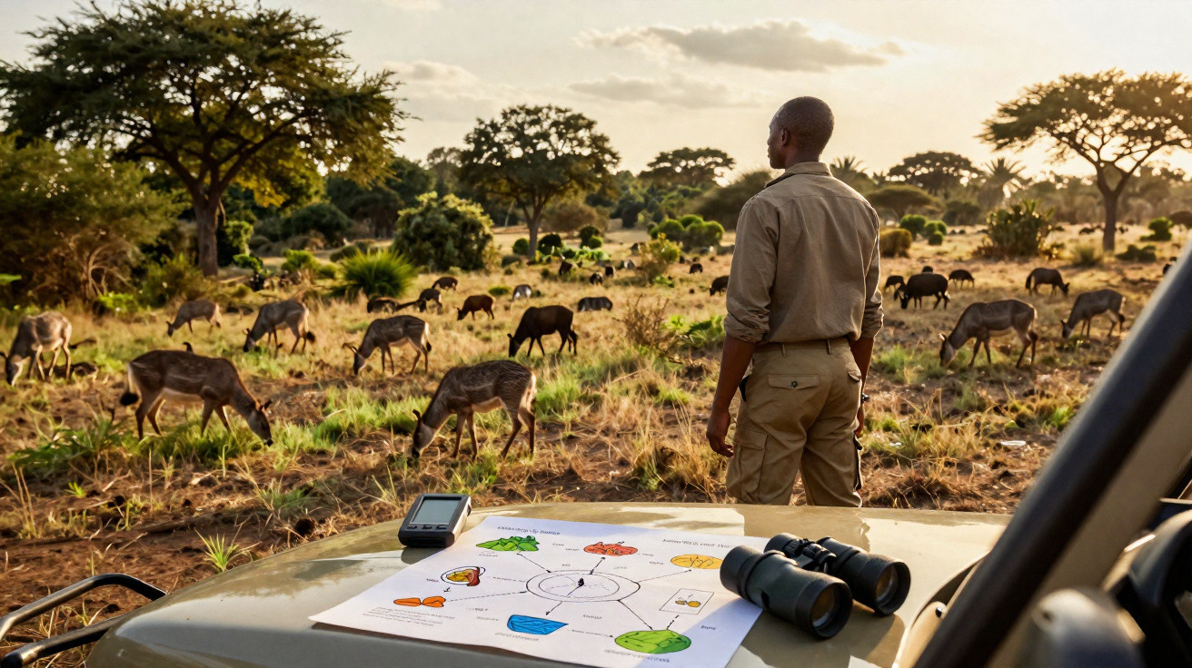 Homem observa manada de antílopes na savana, com mapa e binóculos sobre veículo safari.