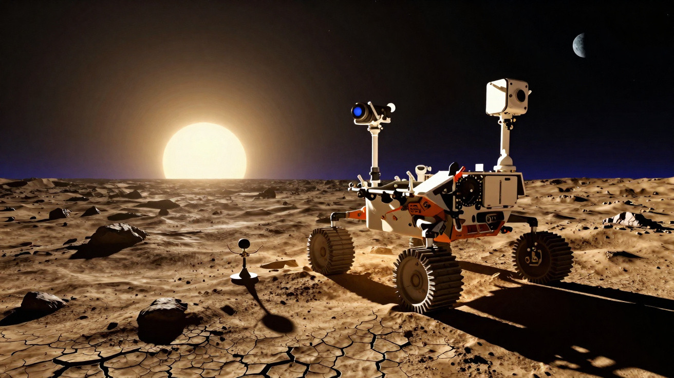 Rover explorando superfície árida e rochosa de planeta com sol brilhante no horizonte e planeta ao fundo.