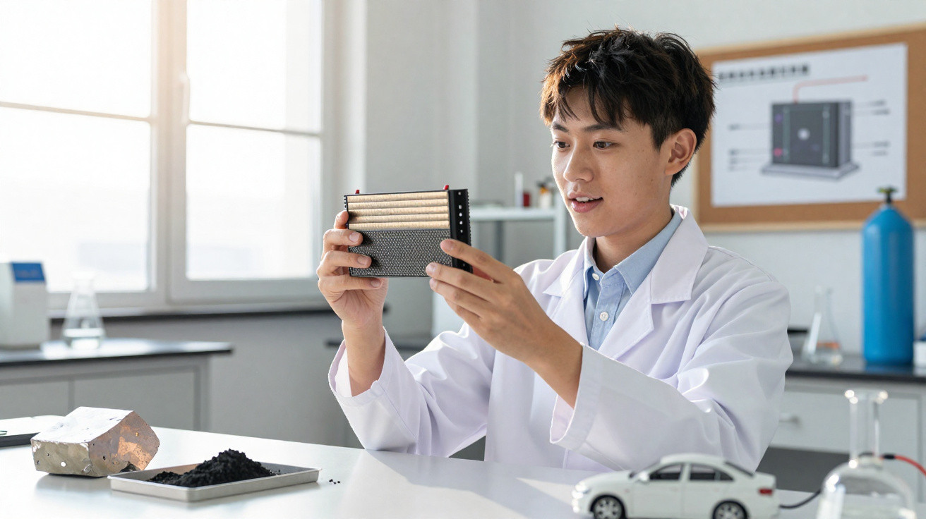 Jovem cientista em laboratório analisando bateria em miniatura enquanto estuda energia e tecnologia automotiva.