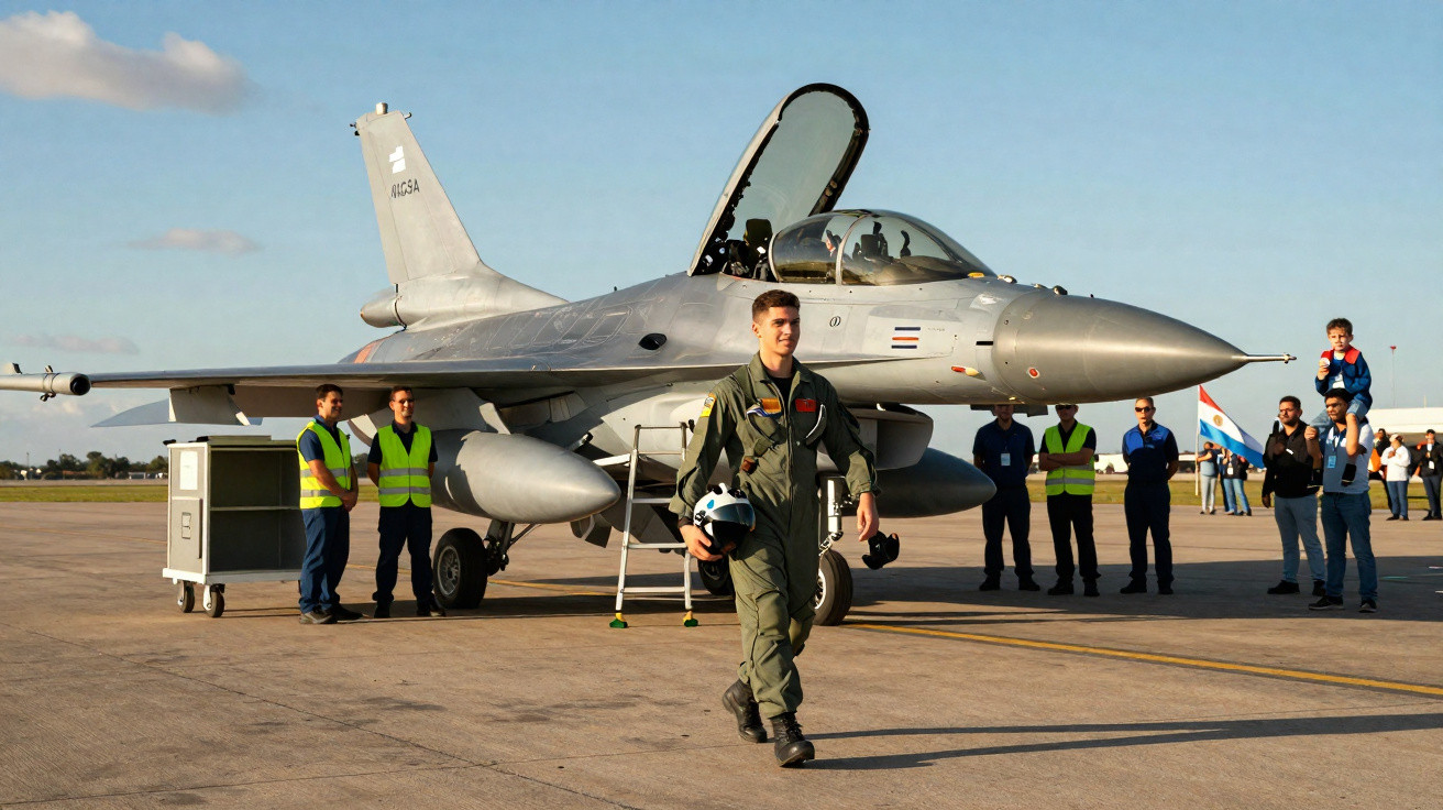 Piloto militar caminha ao lado de caça estacionado em pista com pessoas ao fundo em dia ensolarado.