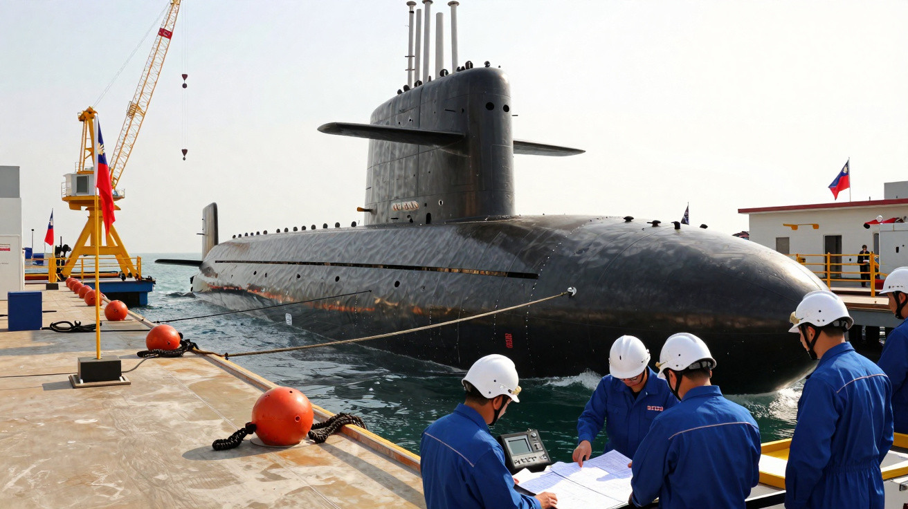 Submarino militar atracado com cinco marinheiros em capacetes brancos verificando documentos no cais.