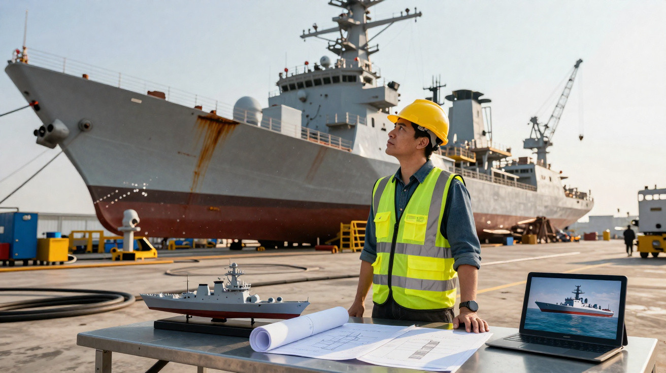 Engenheiro naval com capacete e colete refletivo observa navio em estaleiro com maquete e plantas na mesa.
