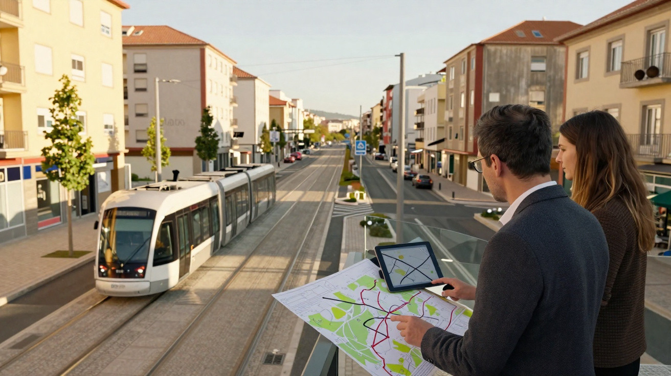 Duas pessoas observam mapa e tablet com rota, enquanto trem moderno passa por rua em área urbana.