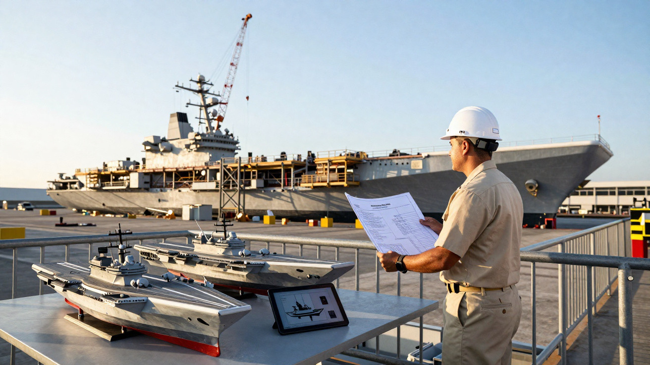 Homem com capacete branco analisa plantas perto de dois modelos de navios e um navio real ao fundo no porto.