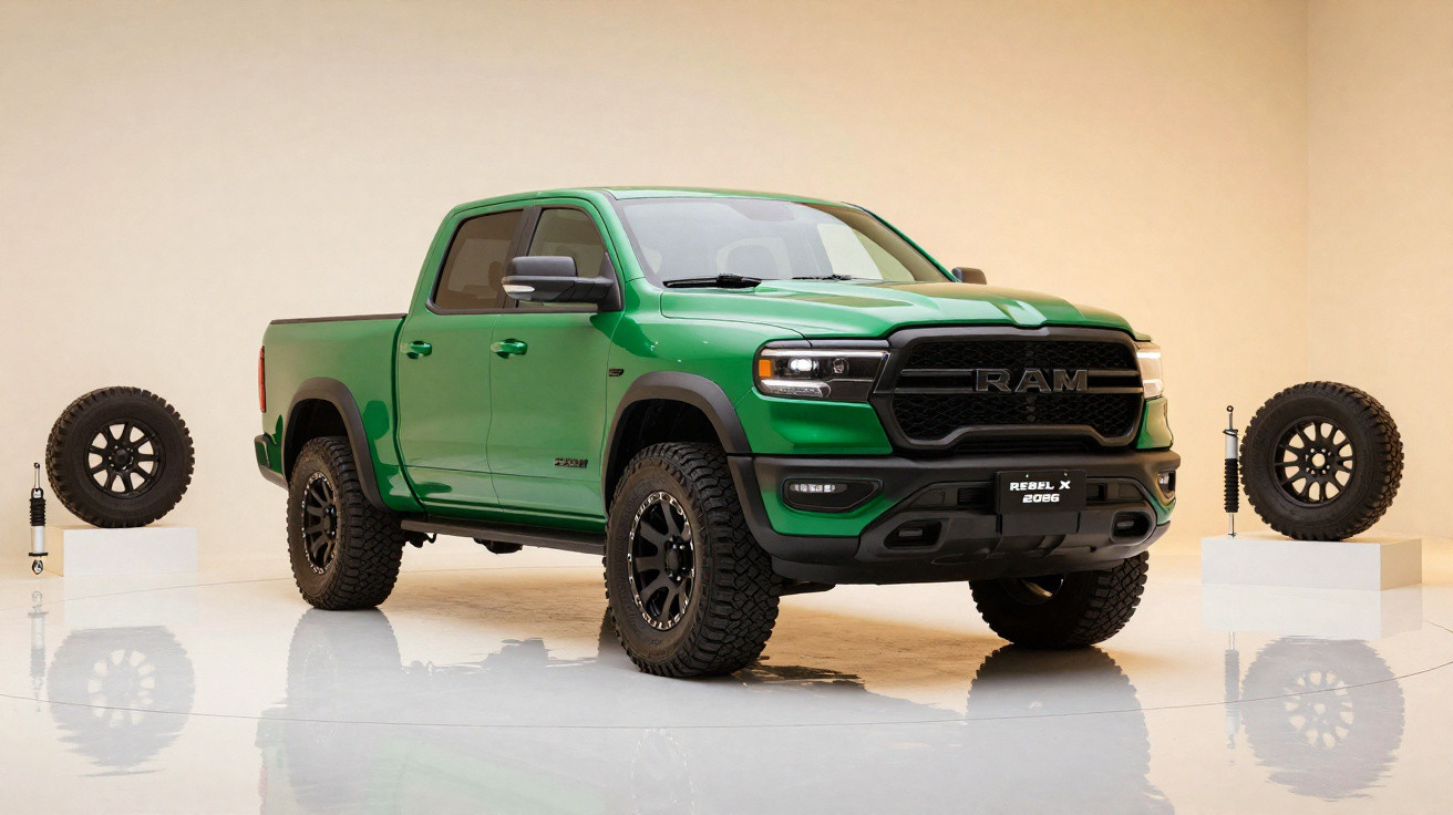 Pickup verde RAM 1500 ZR2 2023 em estúdio, com rodas e amortecedores exibidos ao lado.