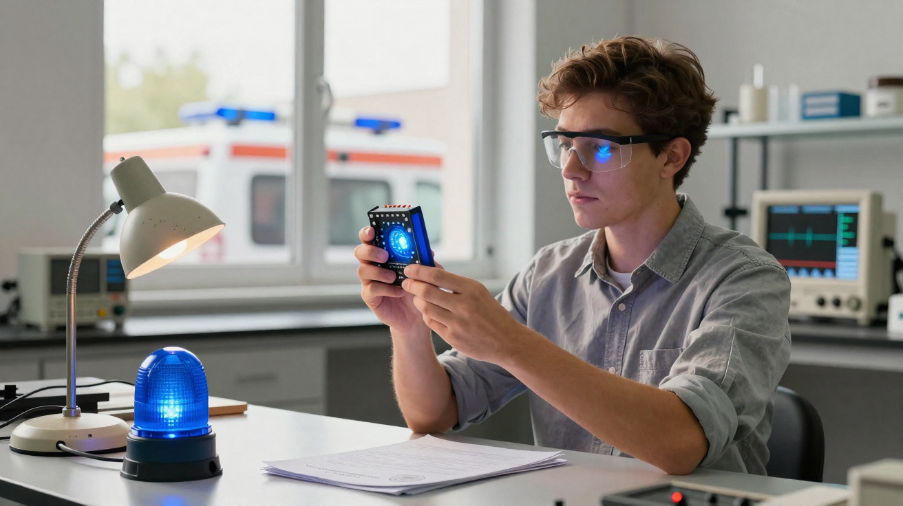 Jovem com óculos de segurança analisa equipamento eletrônico em laboratório, com luz azul ligada na mesa.