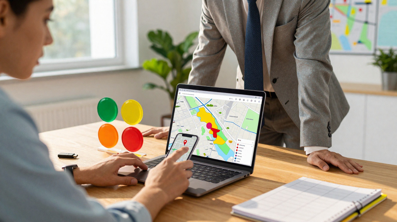Duas pessoas analisando mapa digital em laptop e smartphone durante reunião de planejamento estratégico.