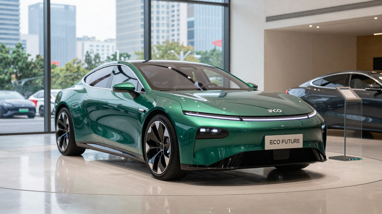 Carro elétrico verde modelo ECO FUTURE exposto em ambiente interno moderno com janelas grandes e prédios ao fundo.