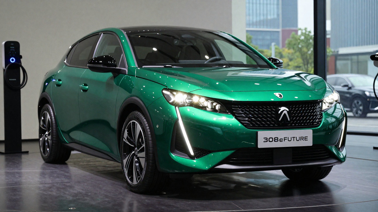 Carro elétrico Peugeot 308 e-Future verde exposto em ambiente interno moderno.