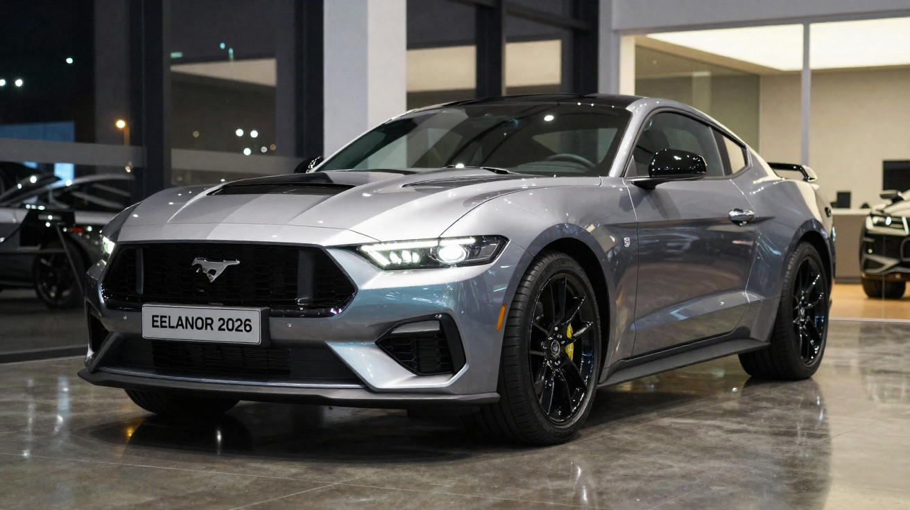 Carro esportivo cinza prateado Ford Mustang 2026 em showroom com teto e rodas pretas.