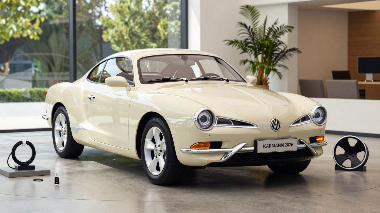 Carro esportivo clássico Volkswagen creme exibido em ambiente interno moderno com plantas e decoração.