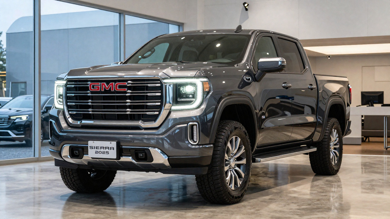 Picape GMC Sierra 2025 cinza em showroom moderno com piso refletivo e luz natural.
