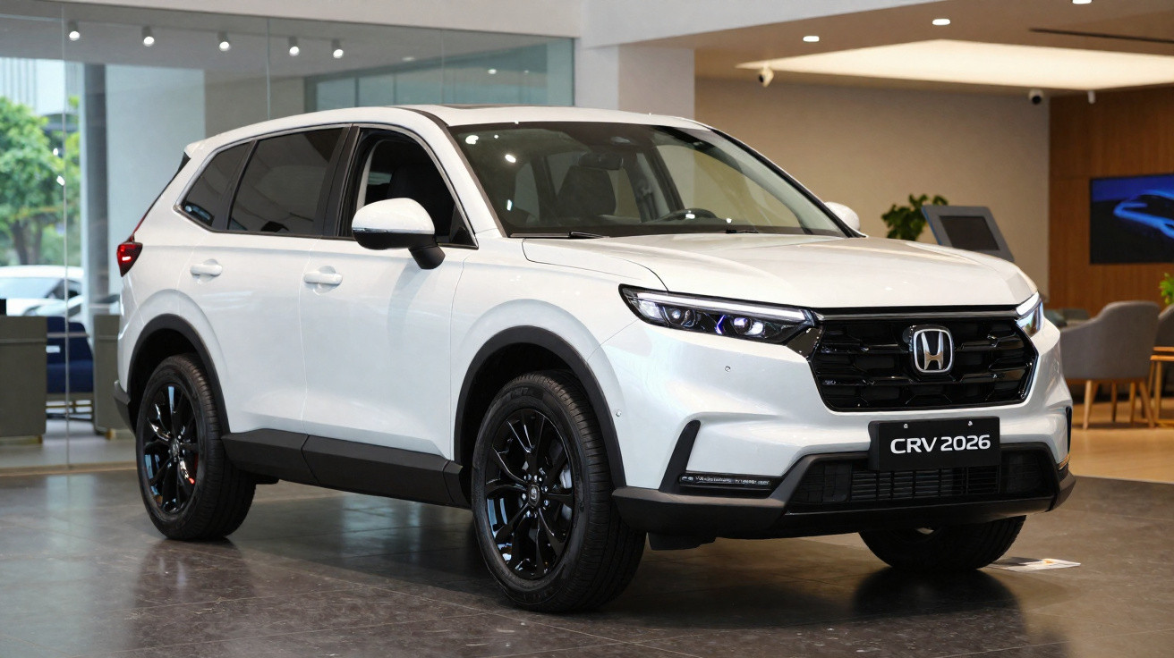 SUV Honda CR-V 2026 branco exibido em showroom moderno com pneus pretos e detalhes cromados