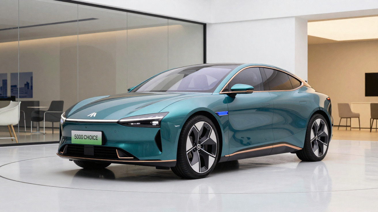 Carro elétrico sedã verde-azulado Exeed 5000 Choice em área interna moderna com piso branco.