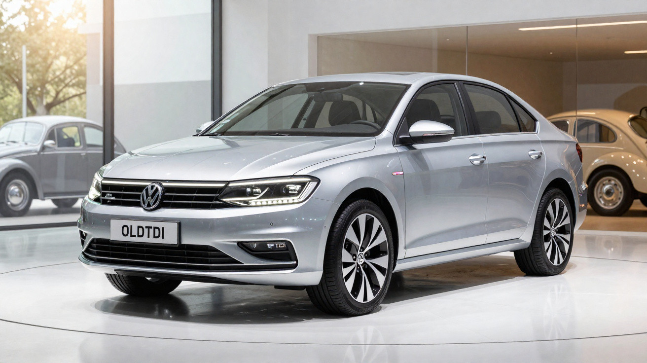 Carro prata Volkswagen sedan exibido em showroom com modelo clássico ao fundo.