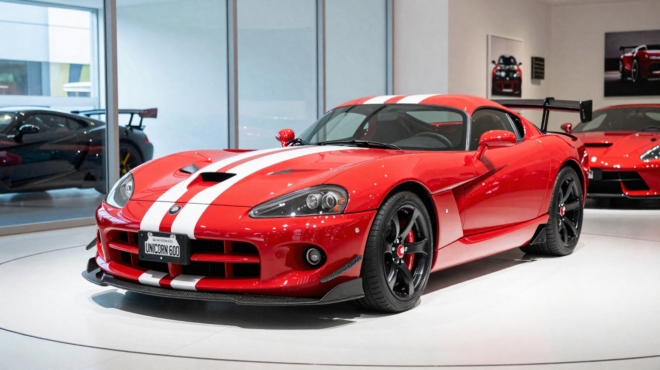 Carro esportivo vermelho com faixas brancas exposto em showroom moderno.