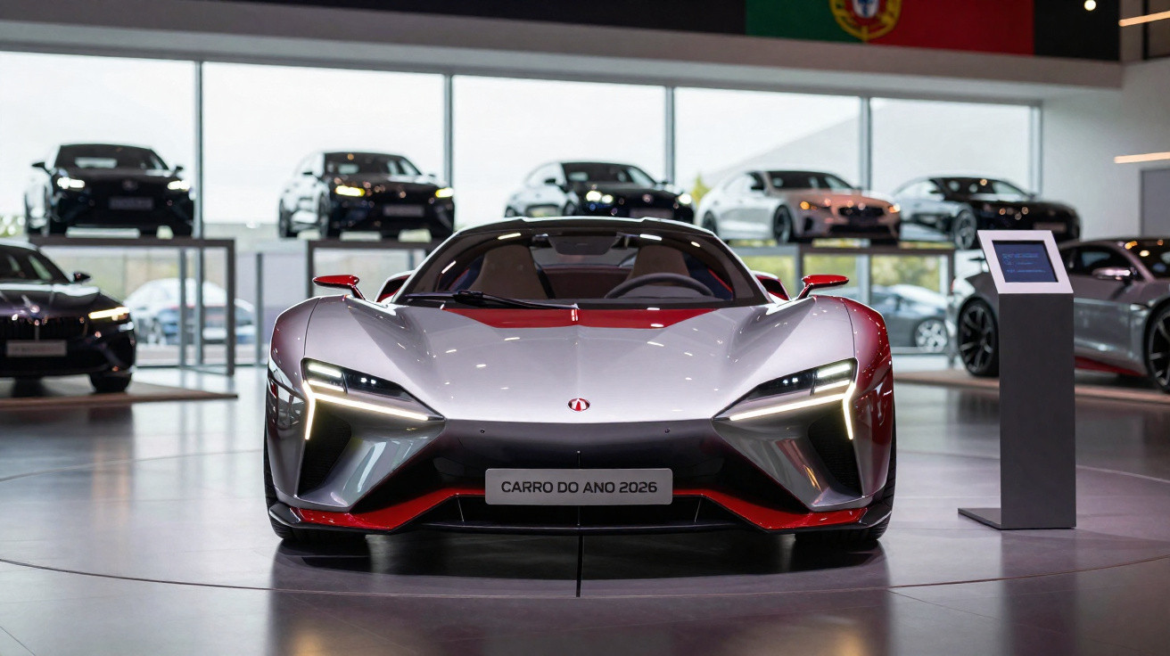 Carro esportivo prata e vermelho exposto em showroom, com placa "Carro do Ano 2026".