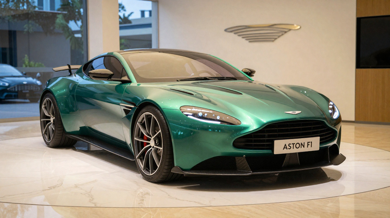 Carro esportivo verde Aston Martin F1 exibido em ambiente interno moderno com piso branco.