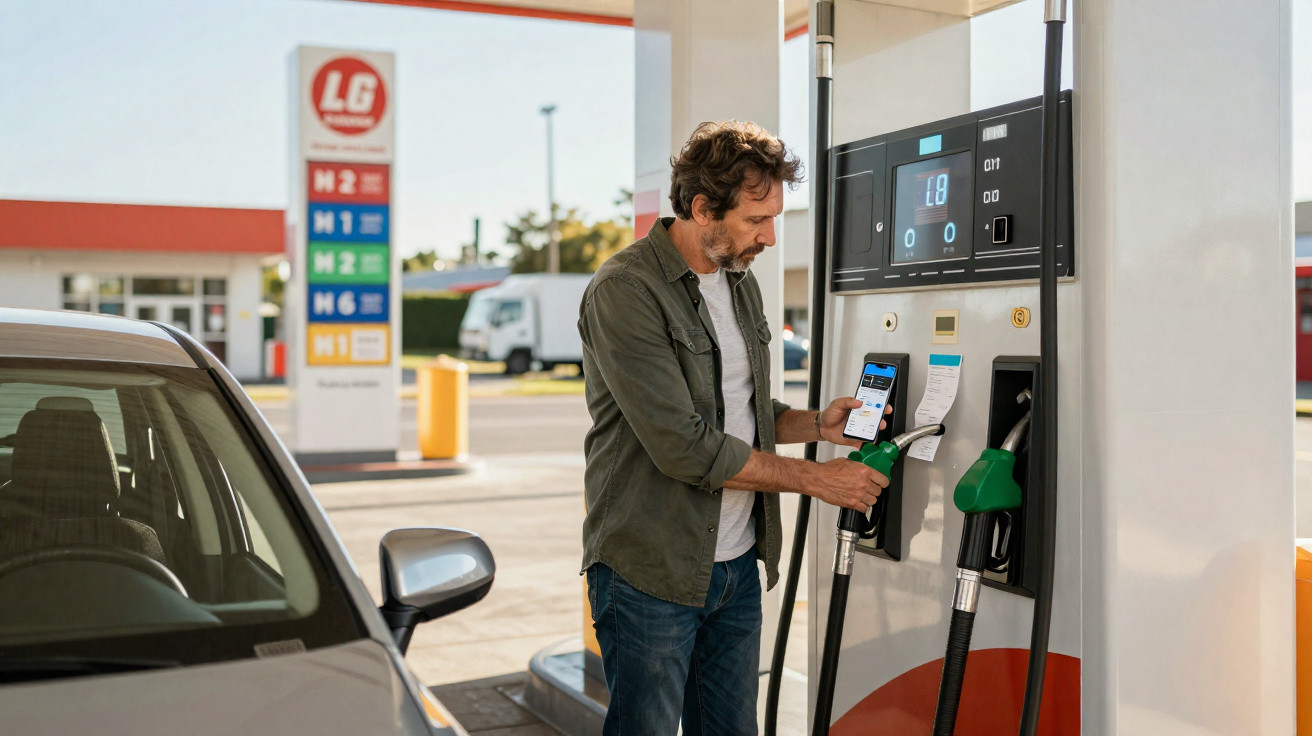 Homem retirando bomba de combustível na bomba do posto de gasolina com celular na mão.