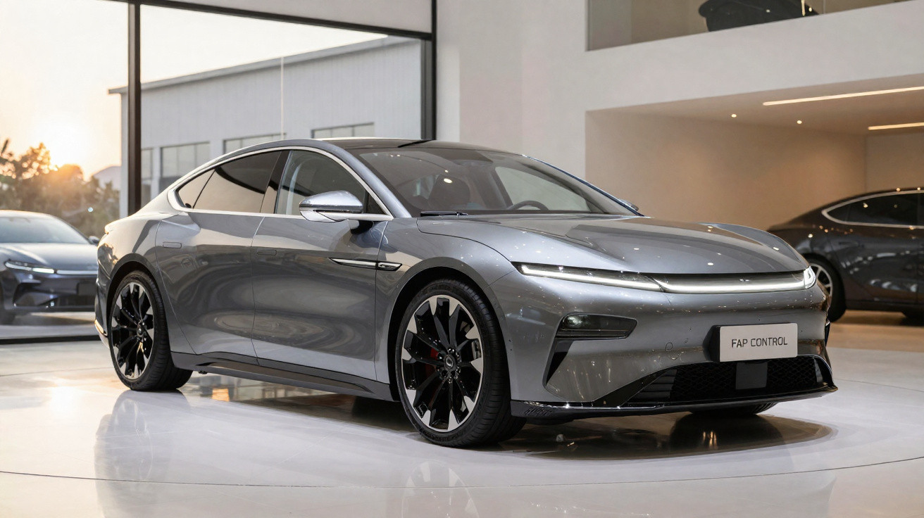Carro elétrico cinza metálico exposto em showroom moderno com rodas pretas e acabamento aerodinâmico.